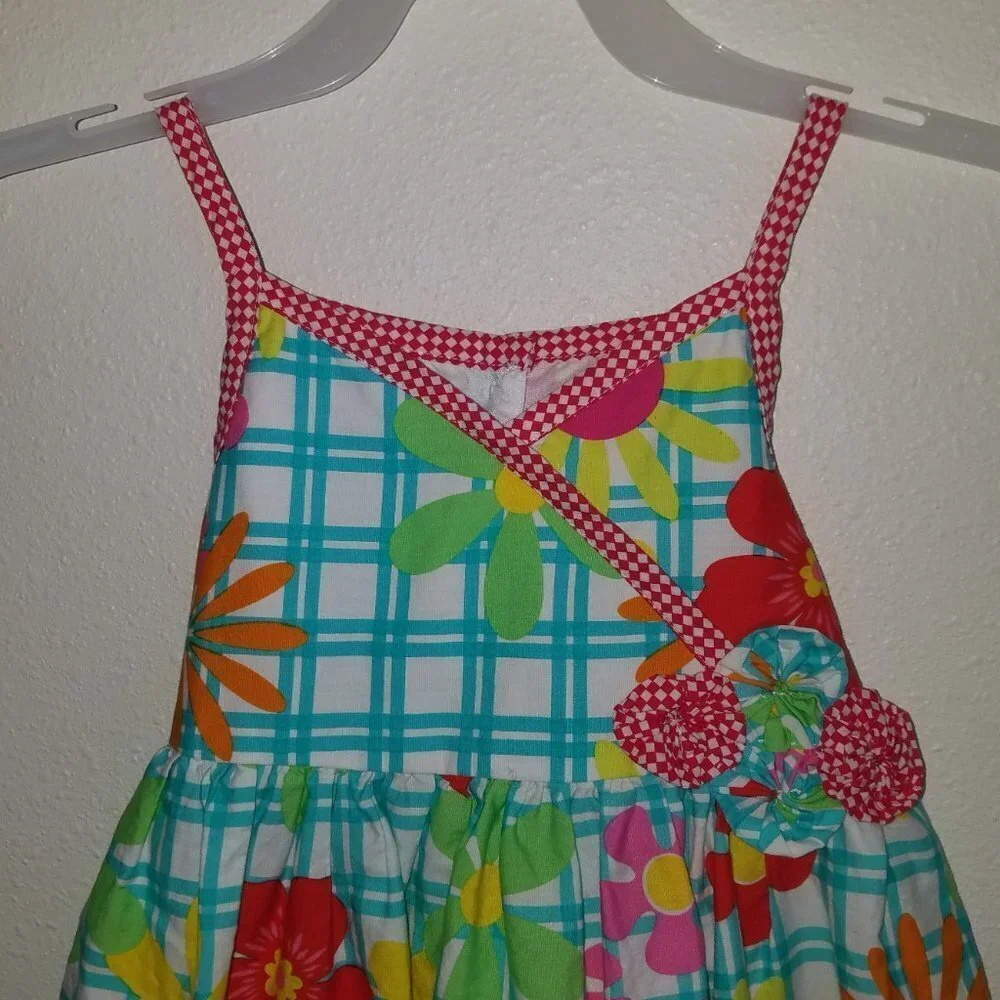 Marmellata Floral Toddler Girl Dress 4T Blue Plaid Red Yellow Pink Green Flowers